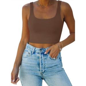 imageREORIA Womens Sexy Square Neck Double Lined Seamless Sleeveless Cropped Tank Yoga Crop Basic TopsCoffee