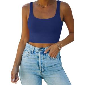 imageREORIA Womens Sexy Square Neck Double Lined Seamless Sleeveless Cropped Tank Yoga Crop Basic TopsDark Blue