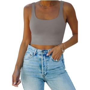 imageREORIA Womens Sexy Square Neck Double Lined Seamless Sleeveless Cropped Tank Yoga Crop Basic TopsDeep Grey