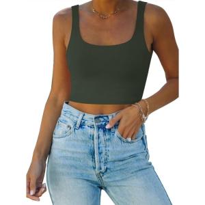 imageREORIA Womens Sexy Square Neck Double Lined Seamless Sleeveless Cropped Tank Yoga Crop Basic TopsGrey