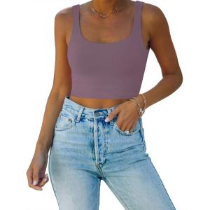 imageREORIA Womens Sexy Square Neck Double Lined Seamless Sleeveless Cropped Tank Yoga Crop Basic TopsGrey Purple