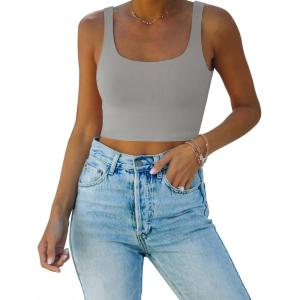 imageREORIA Womens Sexy Square Neck Double Lined Seamless Sleeveless Cropped Tank Yoga Crop Basic TopsLinght Grey