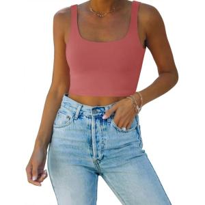 imageREORIA Womens Sexy Square Neck Double Lined Seamless Sleeveless Cropped Tank Yoga Crop Basic TopsMasala