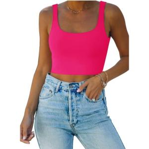 imageREORIA Womens Sexy Square Neck Double Lined Seamless Sleeveless Cropped Tank Yoga Crop Basic TopsNeon Rose Red