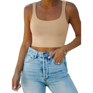 imageREORIA Womens Sexy Square Neck Double Lined Seamless Sleeveless Cropped Tank Yoga Crop Basic TopsNude