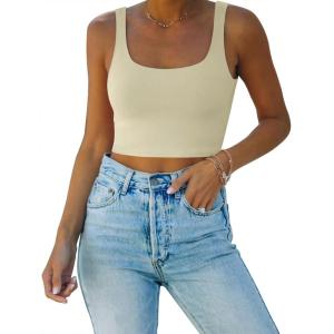 imageREORIA Womens Sexy Square Neck Double Lined Seamless Sleeveless Cropped Tank Yoga Crop Basic TopsOffwhite