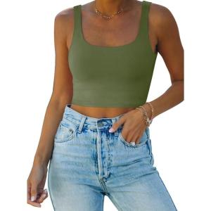imageREORIA Womens Sexy Square Neck Double Lined Seamless Sleeveless Cropped Tank Yoga Crop Basic TopsOlive Green