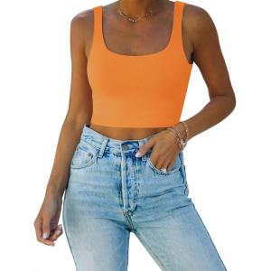 imageREORIA Womens Sexy Square Neck Double Lined Seamless Sleeveless Cropped Tank Yoga Crop Basic TopsOrange