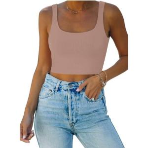 imageREORIA Womens Sexy Square Neck Double Lined Seamless Sleeveless Cropped Tank Yoga Crop Basic TopsPantone