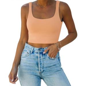 imageREORIA Womens Sexy Square Neck Double Lined Seamless Sleeveless Cropped Tank Yoga Crop Basic TopsPeach Fuzz