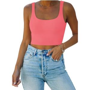 imageREORIA Womens Sexy Square Neck Double Lined Seamless Sleeveless Cropped Tank Yoga Crop Basic TopsPeach Pink