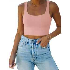 imageREORIA Womens Sexy Square Neck Double Lined Seamless Sleeveless Cropped Tank Yoga Crop Basic TopsPink
