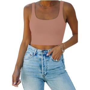 imageREORIA Womens Sexy Square Neck Double Lined Seamless Sleeveless Cropped Tank Yoga Crop Basic TopsSienna