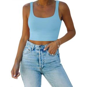 imageREORIA Womens Sexy Square Neck Double Lined Seamless Sleeveless Cropped Tank Yoga Crop Basic TopsSky Blue
