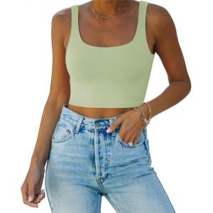 imageREORIA Womens Sexy Square Neck Double Lined Seamless Sleeveless Cropped Tank Yoga Crop Basic TopsTender Greens