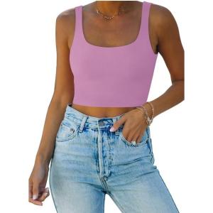 imageREORIA Womens Sexy Square Neck Double Lined Seamless Sleeveless Cropped Tank Yoga Crop Basic TopsViolet