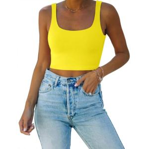 imageREORIA Womens Sexy Square Neck Double Lined Seamless Sleeveless Cropped Tank Yoga Crop Basic TopsYellow