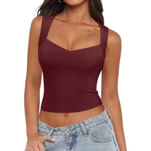 imageREORIA Womens Sexy V Neck Crop Tank Top Y2K Slim Going Out Top Double Lined Basic ShirtBurgundy