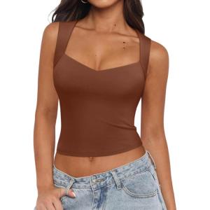 imageREORIA Womens Sexy V Neck Crop Tank Top Y2K Slim Going Out Top Double Lined Basic ShirtCoffee