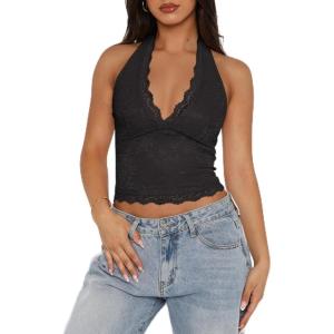 imageREORIA Womens Sexy V Neck Lace Halter Backless Going Out Double Lined Y2K Trendy Cropped Tank TopsBlack