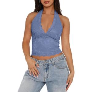 imageREORIA Womens Sexy V Neck Lace Halter Backless Going Out Double Lined Y2K Trendy Cropped Tank TopsBlue