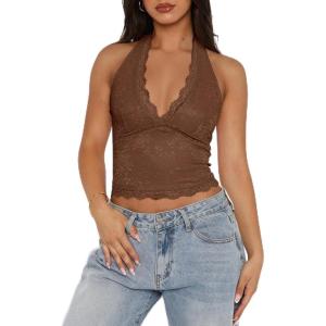 imageREORIA Womens Sexy V Neck Lace Halter Backless Going Out Double Lined Y2K Trendy Cropped Tank TopsBrown