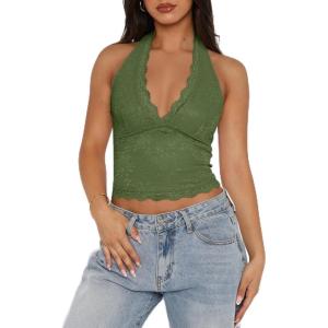 imageREORIA Womens Sexy V Neck Lace Halter Backless Going Out Double Lined Y2K Trendy Cropped Tank TopsDark Green