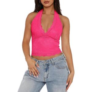 imageREORIA Womens Sexy V Neck Lace Halter Backless Going Out Double Lined Y2K Trendy Cropped Tank TopsHot Pink
