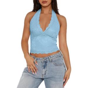 imageREORIA Womens Sexy V Neck Lace Halter Backless Going Out Double Lined Y2K Trendy Cropped Tank TopsLight Blue