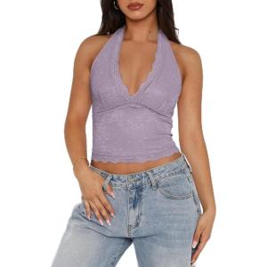imageREORIA Womens Sexy V Neck Lace Halter Backless Going Out Double Lined Y2K Trendy Cropped Tank TopsLight Purple