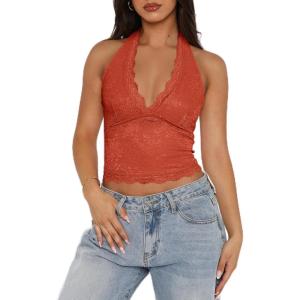 imageREORIA Womens Sexy V Neck Lace Halter Backless Going Out Double Lined Y2K Trendy Cropped Tank TopsRust Red
