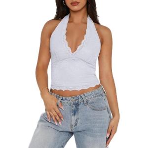 imageREORIA Womens Sexy V Neck Lace Halter Backless Going Out Double Lined Y2K Trendy Cropped Tank TopsWhite