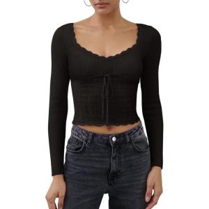 imageREORIA Womens Sweaters Trendy Y2K Sweetheart Neck Ruffle Trim Long Sleeve Lightweight Fitted Crop Tops Knit SweatersBlack