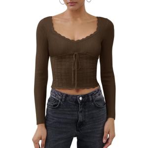 imageREORIA Womens Sweaters Trendy Y2K Sweetheart Neck Ruffle Trim Long Sleeve Lightweight Fitted Crop Tops Knit SweatersCoffee