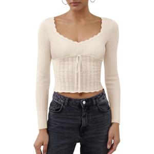 imageREORIA Womens Sweaters Trendy Y2K Sweetheart Neck Ruffle Trim Long Sleeve Lightweight Fitted Crop Tops Knit SweatersOffwhite