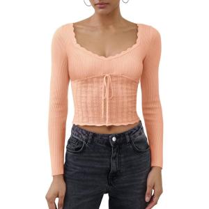 imageREORIA Womens Sweaters Trendy Y2K Sweetheart Neck Ruffle Trim Long Sleeve Lightweight Fitted Crop Tops Knit SweatersPink