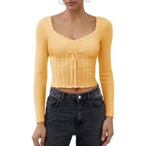 imageREORIA Womens Sweaters Trendy Y2K Sweetheart Neck Ruffle Trim Long Sleeve Lightweight Fitted Crop Tops Knit SweatersYellow