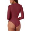 imageREORIA Women Trendy Ruched Mock Turtle Neck Thumb Hole Long Sleeve Bodysuit Lightweight Layering Sexy Slim Body Suit TopsDark Red