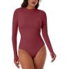 imageREORIA Women Trendy Ruched Mock Turtle Neck Thumb Hole Long Sleeve Bodysuit Lightweight Layering Sexy Slim Body Suit TopsDark Red