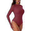 imageREORIA Women Trendy Ruched Mock Turtle Neck Thumb Hole Long Sleeve Bodysuit Lightweight Layering Sexy Slim Body Suit TopsDark Red