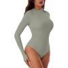 imageREORIA Women Trendy Ruched Mock Turtle Neck Thumb Hole Long Sleeve Bodysuit Lightweight Layering Sexy Slim Body Suit TopsGrey Green