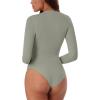 imageREORIA Women Trendy Ruched Mock Turtle Neck Thumb Hole Long Sleeve Bodysuit Lightweight Layering Sexy Slim Body Suit TopsGrey Green
