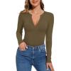 imageREORIA Womens Casual Sexy V Neck Long Sleeve Work Ribbed Fitted Thong Bodysuit TopsArmy Green