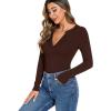 imageREORIA Womens Casual Sexy V Neck Long Sleeve Work Ribbed Fitted Thong Bodysuit TopsCoffee