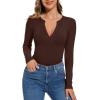 imageREORIA Womens Casual Sexy V Neck Long Sleeve Work Ribbed Fitted Thong Bodysuit TopsCoffee