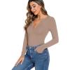imageREORIA Womens Casual Sexy V Neck Long Sleeve Work Ribbed Fitted Thong Bodysuit TopsKhaki