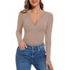 imageREORIA Womens Casual Sexy V Neck Long Sleeve Work Ribbed Fitted Thong Bodysuit TopsKhaki