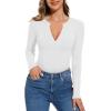 imageREORIA Womens Casual Sexy V Neck Long Sleeve Work Ribbed Fitted Thong Bodysuit TopsWhite