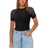 imageREORIA Womens Crew Neck Sheer Mesh Short Sleeve Bodysuits Comfy Double Lined Trendy Tank Top Body SuitsBlack
