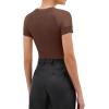 imageREORIA Womens Crew Neck Sheer Mesh Short Sleeve Bodysuits Comfy Double Lined Trendy Tank Top Body SuitsCoffee